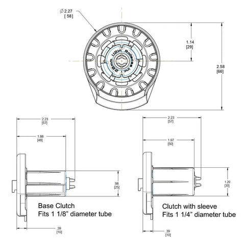Technical drawing of Kyline SL15 Roller Shade Clutch White for 1-1/8" to 1-1/4" tubes, showing dimensions and sleeve adapter.