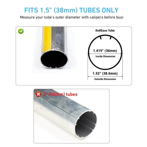 Illustration showing compatible 1.5” (38mm) shade tubes for Roller Shade Clutch, highlighting the tube dimensions.