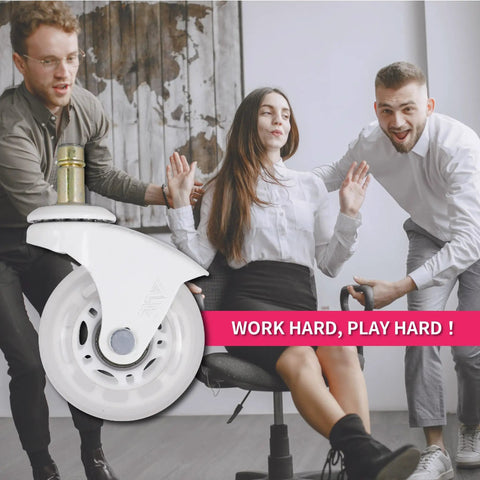 Office scene with three people smiling, showcasing 10mm Stem Office Chair Wheels for IKEA Chairs, 2.5 Inch Rollerblade Casters.