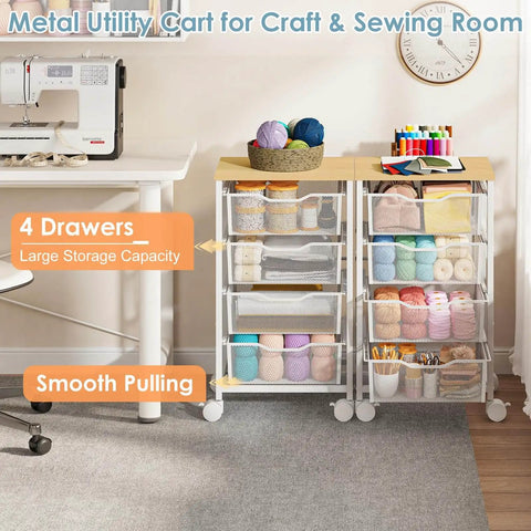Rolling Storage Cart With Four Drawers And Wooden Top Metal Frame Lockable Wheels And Smooth Slide Drawers A Must Have Craft Organizer For Living Room Bedroom Office And Classroom In Bright White next to sewing machine in craft room.