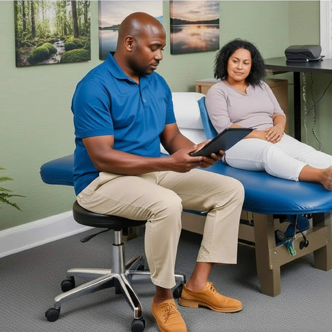 Man seated on Rolling Exam Stool with Wheels, 18.5 Inch to 25 Inch Adjustable Height for Dentists, Spas, & Healthcare Environments