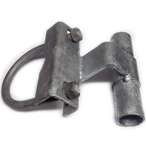 Rolling Sliding Gate Track Bracket For 1-5/8 Inch Track Pipe And Post, metal construction, bolts, close-up view