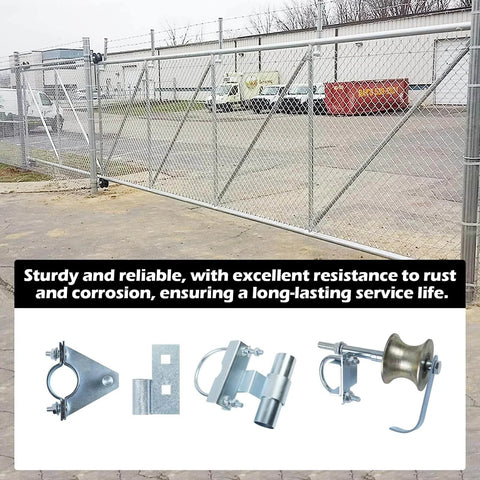 Installed Rolling Gate Hardware Kit for Chain Link Gate Sliding Gate Hardware with visible components and sturdy gate in background