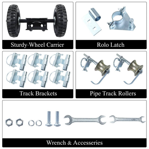 Rolling Gate Hardware Kit for Chain Link Gate Sliding Gate Hardware with wheels, rolo latch, brackets, rollers, and wrenches.