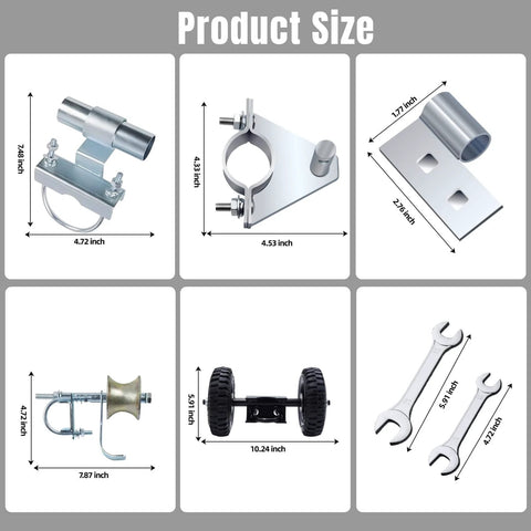 Rolling Gate Hardware Kit for Chain Link Gate Sliding Gate Hardware product size chart with measurements and components.