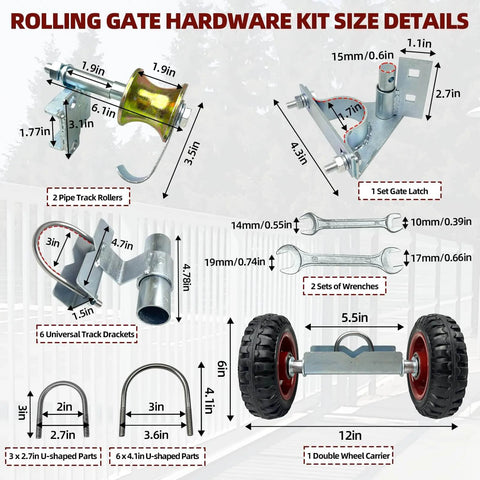 Rolling Gate Hardware Kit for Farm Fence and Sliding Gates with 6 Inch Double Wheel Carrier, track rollers, brackets, and wrenches.