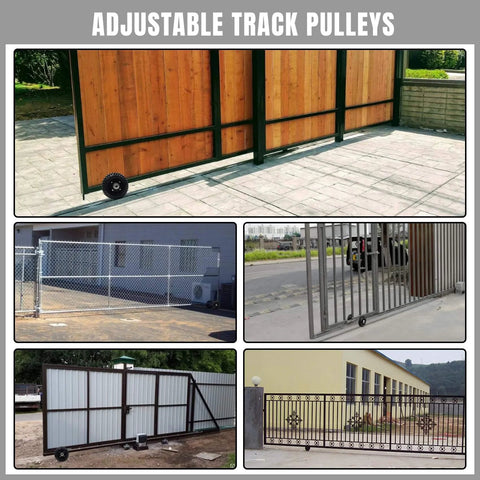 Collage of different sliding gates with adjustable track pulleys, featuring metal and wooden gate designs in various settings.