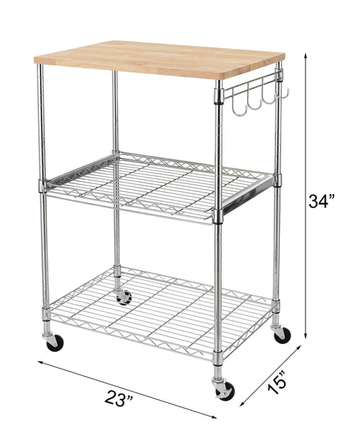 Heavy Duty 3 Tier Rolling Kitchen Cart Workhorse With Oak Wood Top And Drawer Slider Chrome Finish Four Wheels Hooks For Utensils 300 Lb Total Capacity Multi Function Kitchen Island Cart For Cooks And Caterers Finnhomy