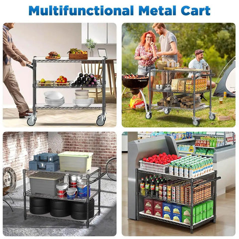 Heavy Duty Rolling Utility Cart with Wheels for Kitchen and Restaurant Use, 45 Inch NSF Certified Commercial Grade Steel Cart with Handle