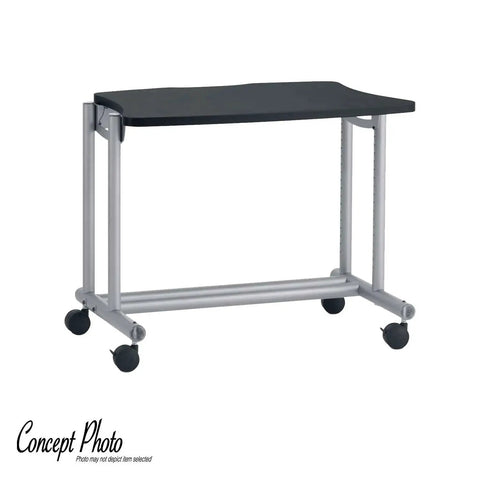 Compact rolling table with black top and silver frame on casters, ideal for mobility in small spaces, shown from a front angle.