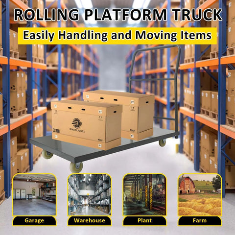 Heavy Duty Platform Truck Moving Flatbed Cart, 30"x48"Push Dolly, 2000 LBS Dolly Cart with boxes in a warehouse setting.