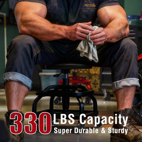 Man seated on black heavy-duty Stool with 330 LBS capacity; Rolling Shop Stool with Wheels, Garage Work Mechanic Stool with Backrest, Roller Mechanic Chair.