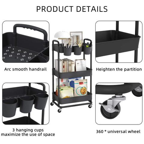 3 Tier Rolling Storage Cart With Lockable Wheels And Extra Hanging Cups For Kitchen, Bathroom, Living Room Or Office