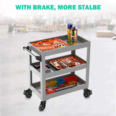 Metal cart with Threaded Stem Casters Three Eighths Inch 16UNC With Brake, tools organized on three shelves in a workshop.