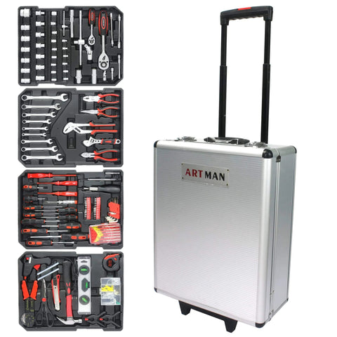 Roll Bar Rolling Toolbox Kit With 899-Piece Emergency Car, Water, Electrical And Woodworking Repair Set In Silver, open view