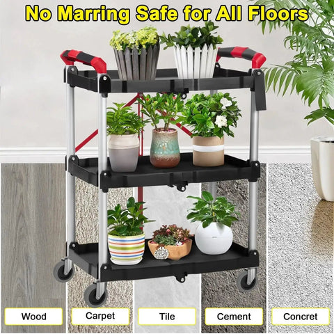 Utility cart with plants on tiered shelves showing swivel casters, suitable for wood, carpet, tile, cement, and concrete floors.