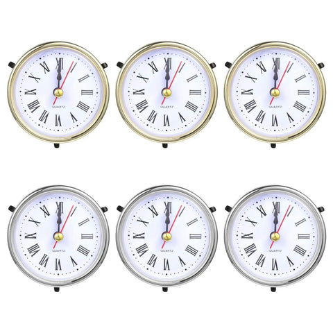 Six Pack Roman Numeral Clock Mechanisms with quartz movement, gold and silver finishes, for epoxy resin clock casting DIY projects