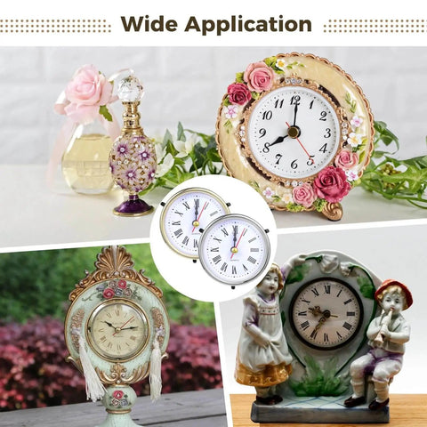 Six Pack Roman Numeral Clock Mechanisms with battery-powered quartz movement in decorative clock settings