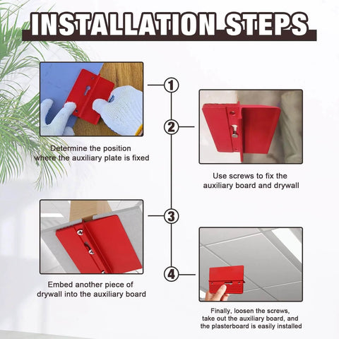 Installation steps for ✝️ 2 Pieces Roof Plaster Positioning & Fixing Board, showing use on drywall and plasterboard ceilings.