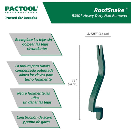 Roof Snake RS501 Shingle Pry Bar for Nail Removal and Damaged Shingle Replacement shown with dimensions and features diagram.