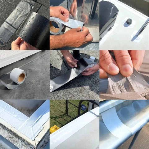 Collage of Ultra Strong MicroSealant Roof Tape for instant leak repair on roofs and RVs, black and white variants in use