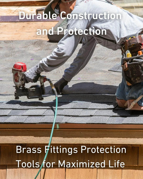 Person using a nail gun for roofing with 1/4 Inch Brass Male Industrial Coupler 12 Pack Air Hose Fittings NPT Quick Connector visible.