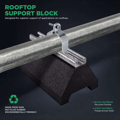 Highcraft STC-10T rooftop pipe support block with galvanized steel strut and black recycled rubber base