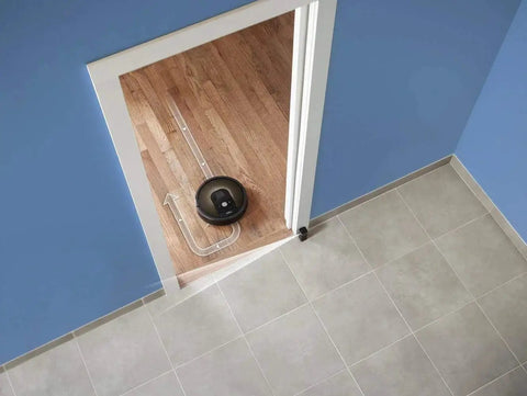 Dual Mode Virtual Wall Barrier For Roomba 6 7 8 9 Series Compact Low Profile Unit Powered By Two AA Batteries in doorway use