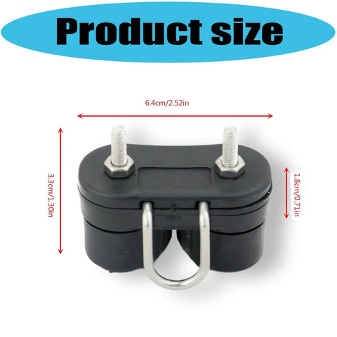 Black marine-grade rope management clamp with two studs and a U-bolt; compact 6.4 cm wide by 3.3 cm tall.