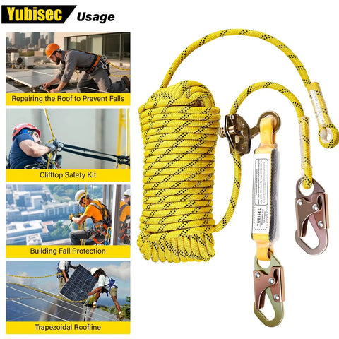 Durable 25 ft rope safety lanyard with vertical lifeline, braided polyester, 310 lb load, alloy grab, shock absorber for fall protection