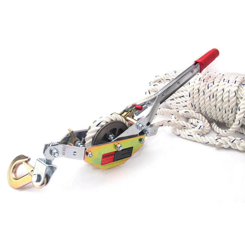 Three Quarter Ton Rope Puller Come Along Winch with 100 Ft Rope for tree felling hauling boats and securing materials, side view