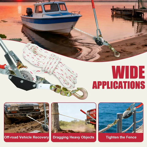 1.5 Ton Rope Puller With 20 Ft Of 0.6 Inch Rope Dual Hook Come Along Winch Heavy Duty Ratchet Puller For Boat Moving