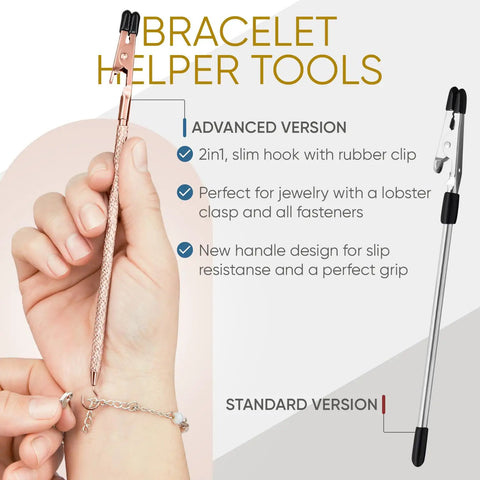Bracelet Fastener Helper Tool With Hook For Bracelet Necklace Jewelry And Watch Clasp Clip Grab And Go Portable Easy To Use No Slip Grip Made Of Durable Metal With Rose Finish shown being used on a wrist with bracelet.