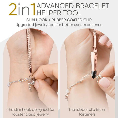 Bracelet Fastener Helper Tool With Hook For Bracelet Necklace Jewelry And Watch Clasp Clip Grab And Go Portable Easy To Use No Slip Grip Made Of Durable Metal With Rose Finish used to clasp bracelet.