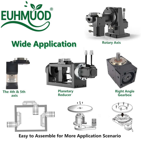 Illustration showing 60mm Hollow Rotary Actuator High Accuracy Rotating Platform Gear Ratio 5:1, various components for automation.