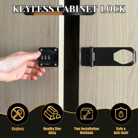 Three Pack 4 Inch Password Rotary Hasp Locks For Doors Cabinets Barn Doors And Outdoor Use Mechanical Combination Slide Latch Lock Sturdy Zinc Alloy Construction With Screw Or Glue Mount installed on cabinet