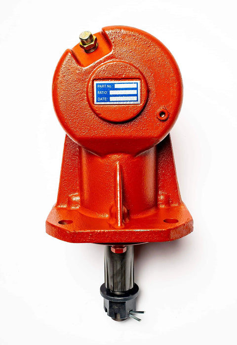 Front view of 40HP Rotary Cutter Gearbox with Spline Input Shaft, showing orange casing and spline output.