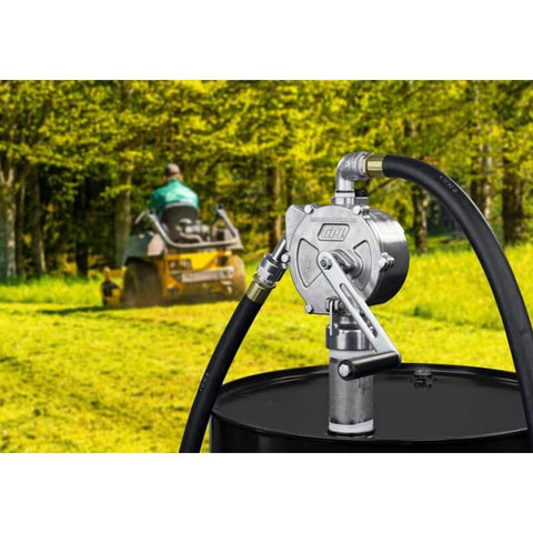 GPI - RP-10-UL Rotary Action Fluid Transfer Hand Pump on barrel, 10 Gallons per 100 Revolutions, in outdoor setting