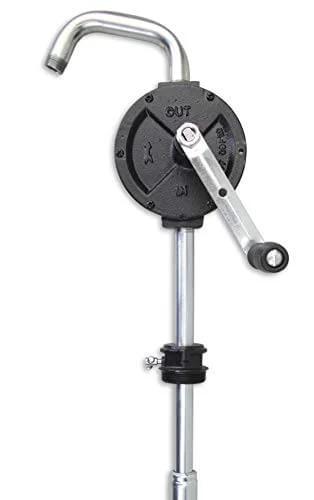 Groz 44080 Rotary Fuel Pump with Steel Discharge Spout, showing the crank handle and telescoping suction tube.