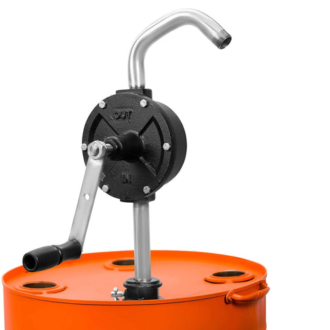 Groz 44080 Rotary Fuel Pump with Steel Discharge Spout mounted on orange barrel