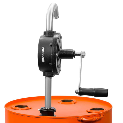 Groz 44080 Rotary Fuel Pump with Steel Discharge Spout mounted on barrel, showing handle and spout details