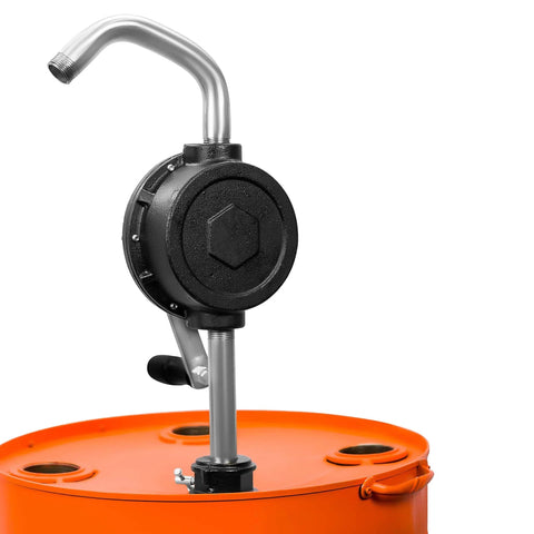 Groz 44080 Rotary Fuel Pump with Steel Discharge Spout mounted on an orange barrel
