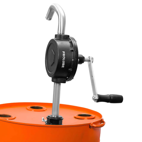 Groz 44080 Rotary Fuel Pump with Steel Discharge Spout installed on orange barrel, side view