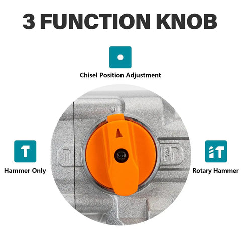 Close-up of 3 function knob for Heavy Duty SDS Max Rotary Hammer Drill With Vibration Control And Safety Clutch 13 Amp Motor.