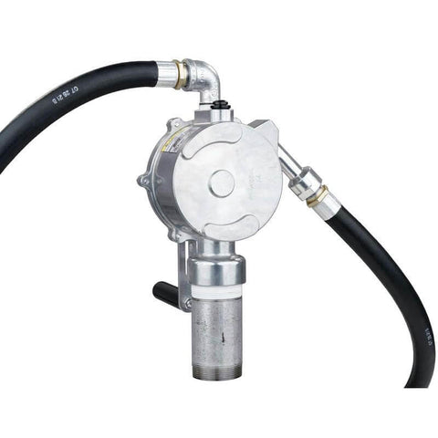GPI - RP-10-UL Rotary Action Fluid Transfer Hand Pump, 10 Gallons per 100 Revolutions, shown with hoses and anti-siphon valve