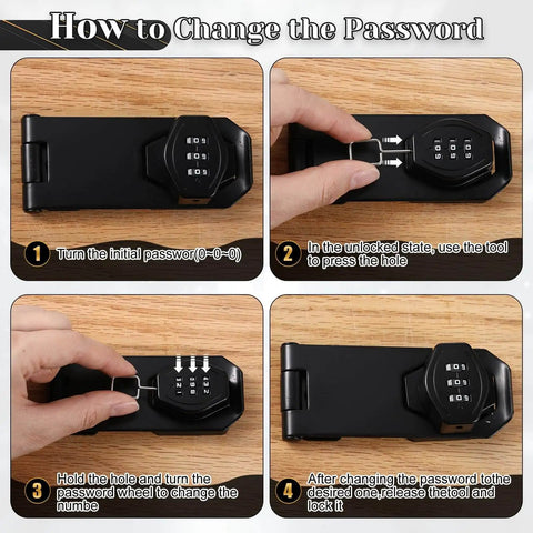 Illustration of changing password on Three Pack 4 Inch Password Rotary Hasp Locks For Doors Cabinets Barn Doors And Outdoor Use