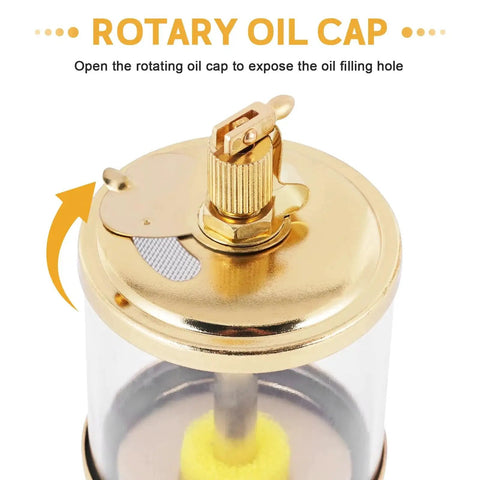 Close-up of the One Quarter Inch Sight Gravity Drip Feed Oiler’s rotary oil cap with needle valve and 100ml capacity cup for lubrication
