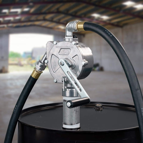 GPI - RP-10-UL Rotary Action Fluid Transfer Hand Pump on barrel, featuring aluminum body and attached hose