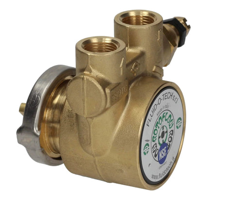 Fluid-O-Tech CB054 Rotary Vane Pump New, brass material, showing top view of connections and compact structure.