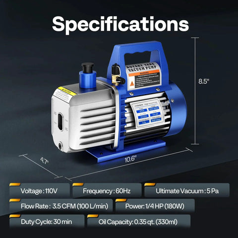 Go-To 110V 1/4 HP Single Stage Rotary Vane Vacuum Pump with 3.5 CFM, showing specifications and dimensions.
